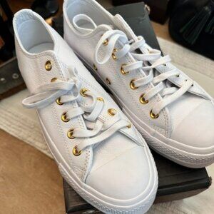 White Leather Platform Converse with Gold Accents